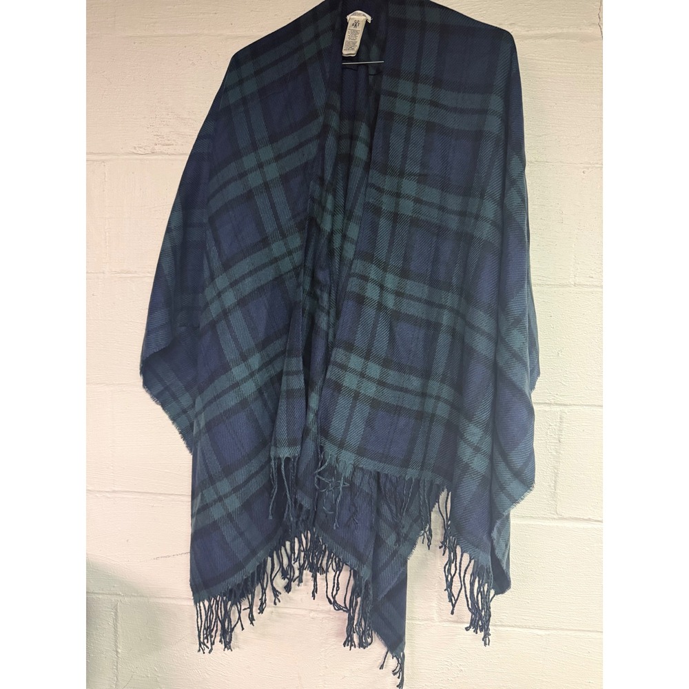 Goodthreads Navy Blue Green Plaid Fringe Wrap Shawl One Size grandmacore chic